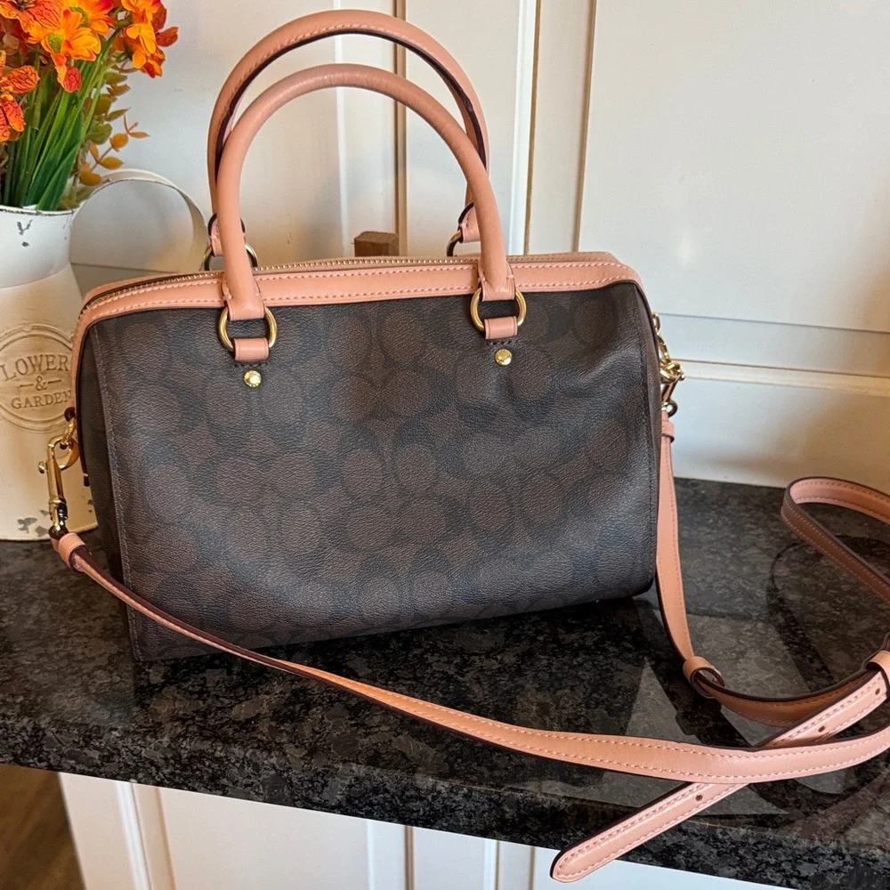 Coach Brown Signature Barrel Satchel with Pink Trim